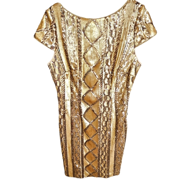 Nwot Adrianna Papell Cable Knit Cap Sleeves Gold Geometric Sequin Cocktail Dress - Picture 10 of 17